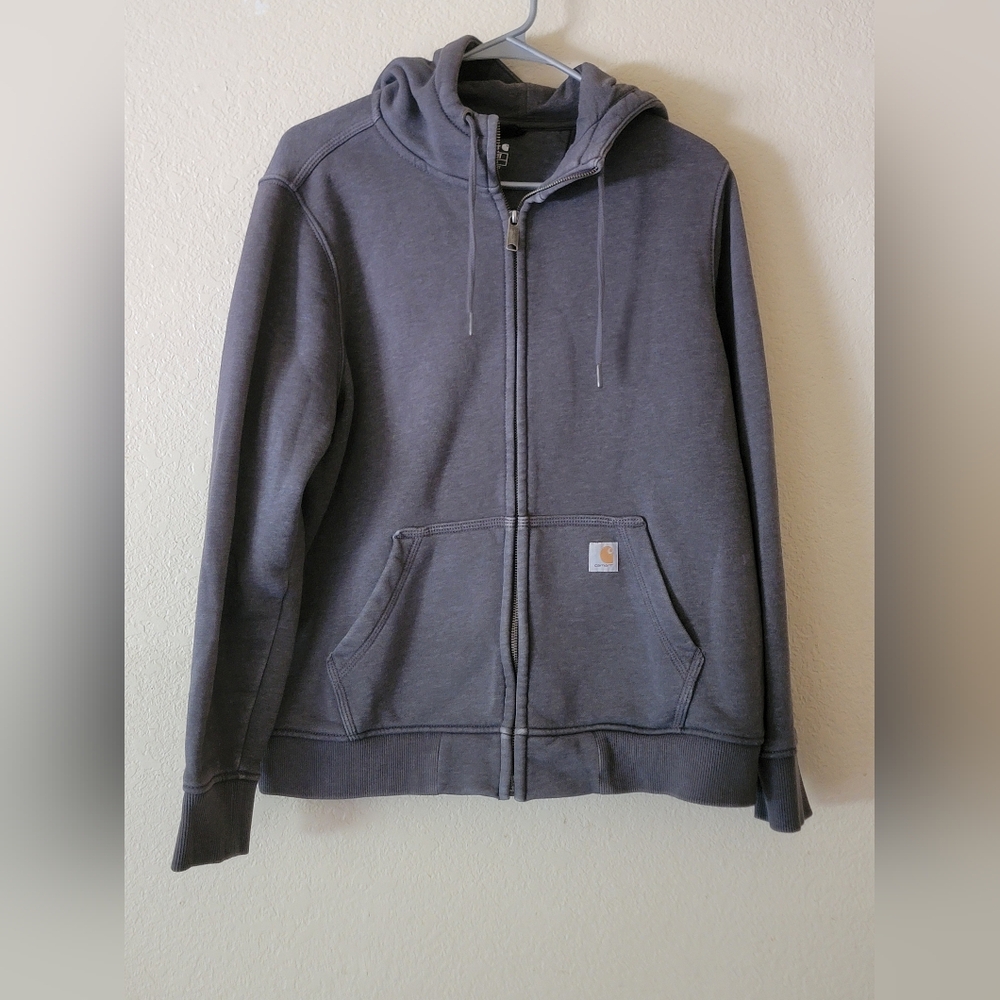 Carhartt Gray Zip Up Sweater with Hood and Ribbed Cuffs